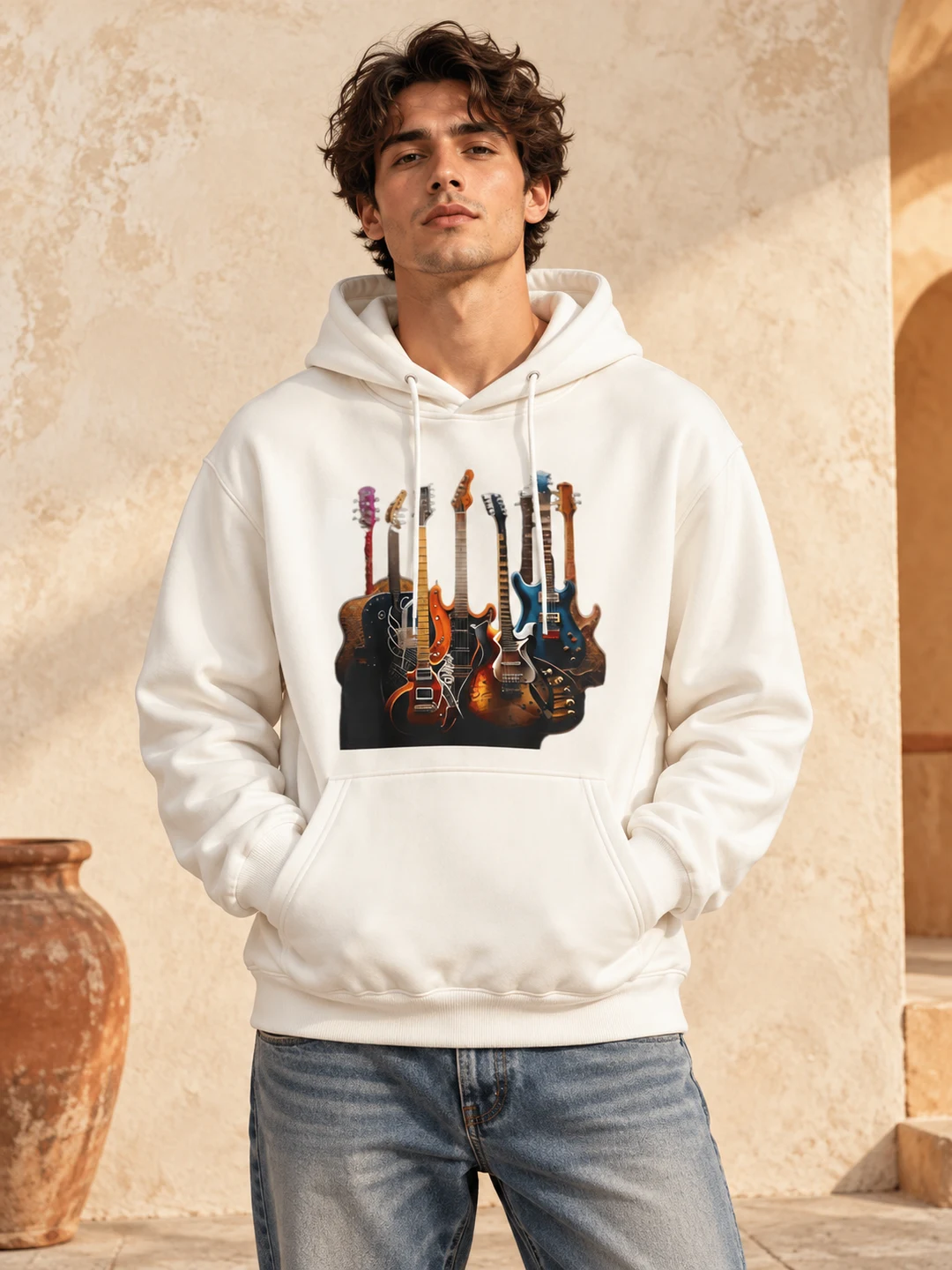 Vintage Guitar Graphic Mens Hoodie Rock Music Gift — styled on a model