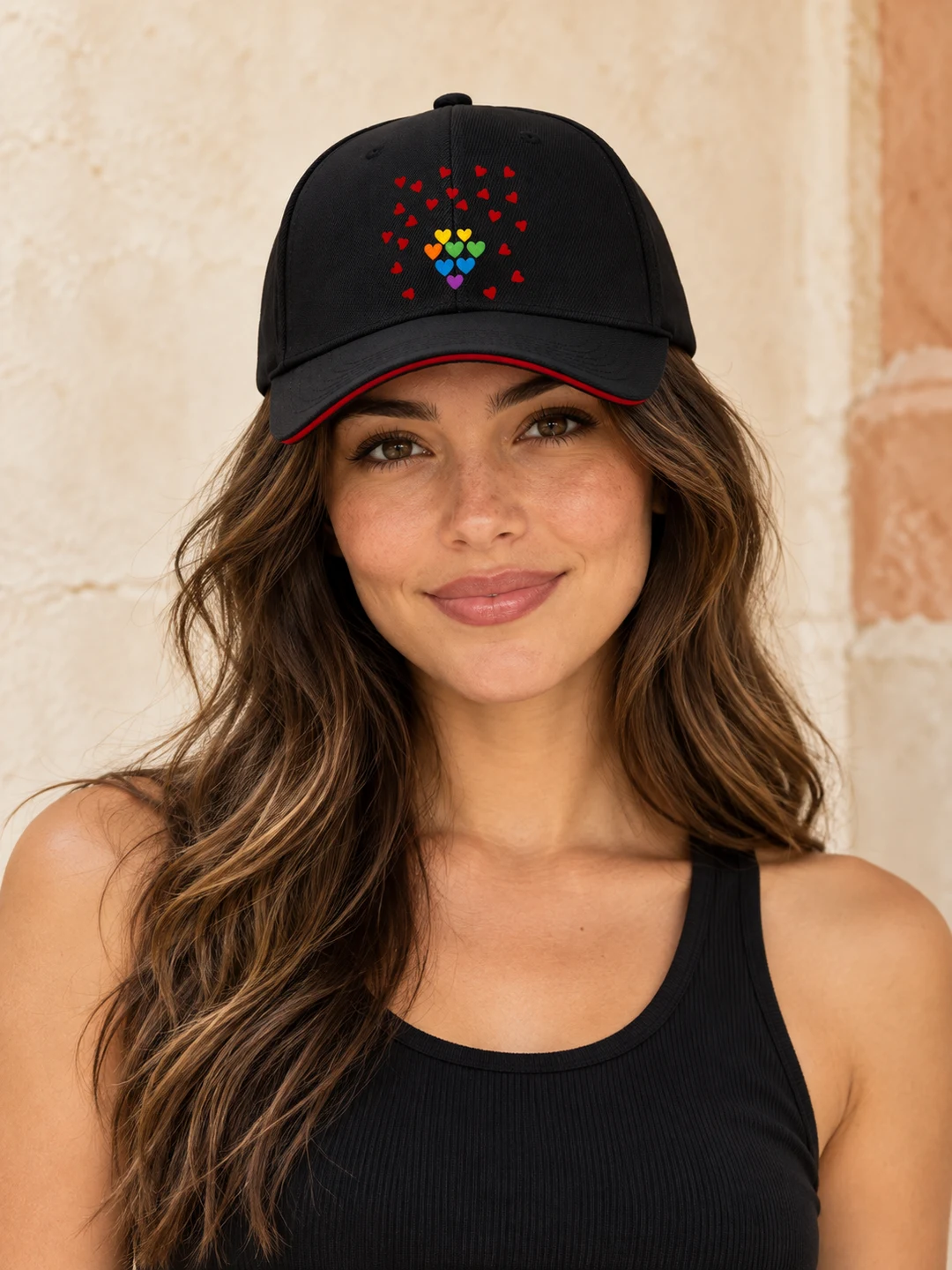 Rainbow Hearts Pride Mens Womens Baseball Cap Gift — styled on a model
