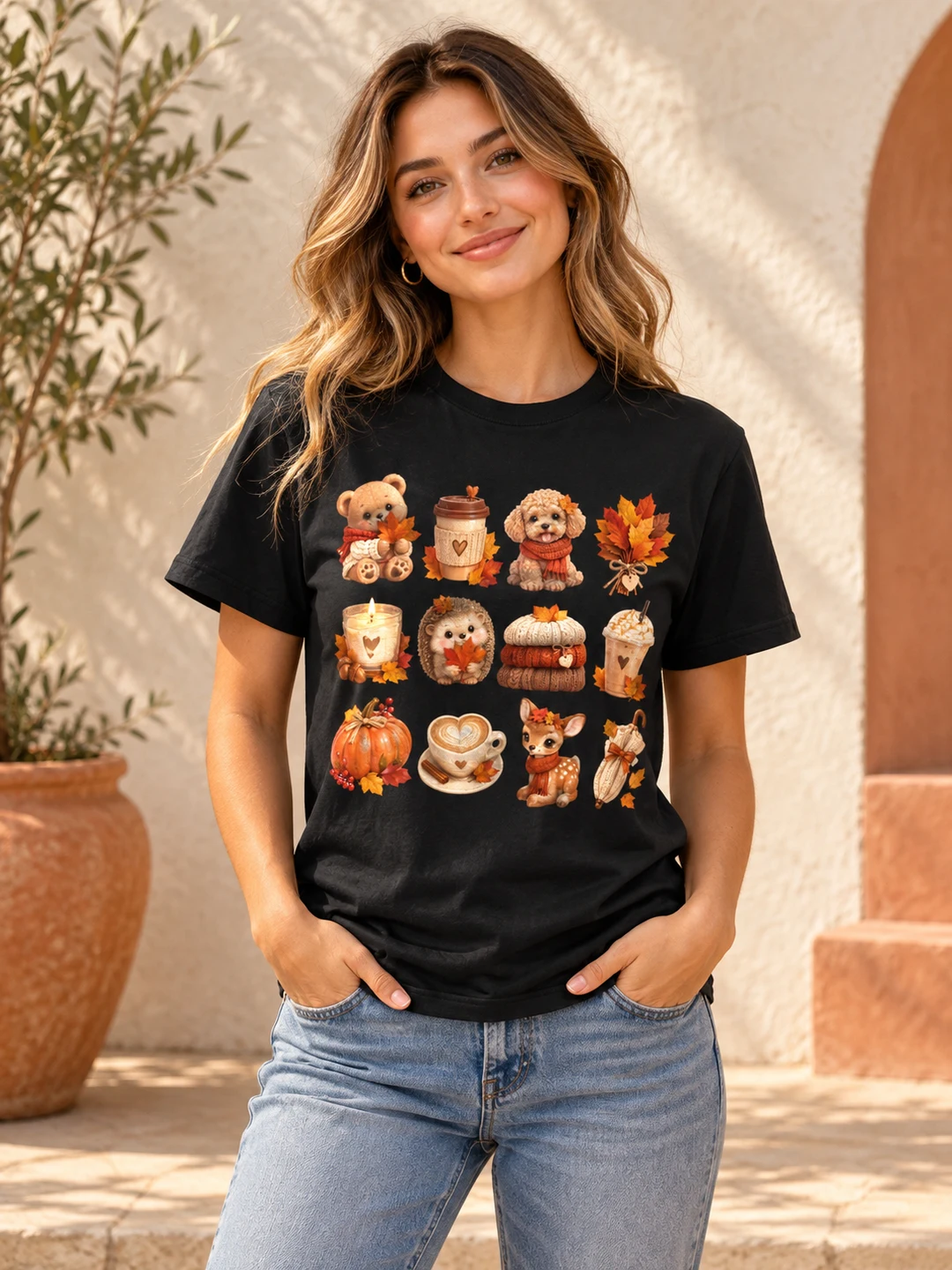Cozy Autumn Cute Animals Fall Coffee Mens Womens T Shirt — styled on a model