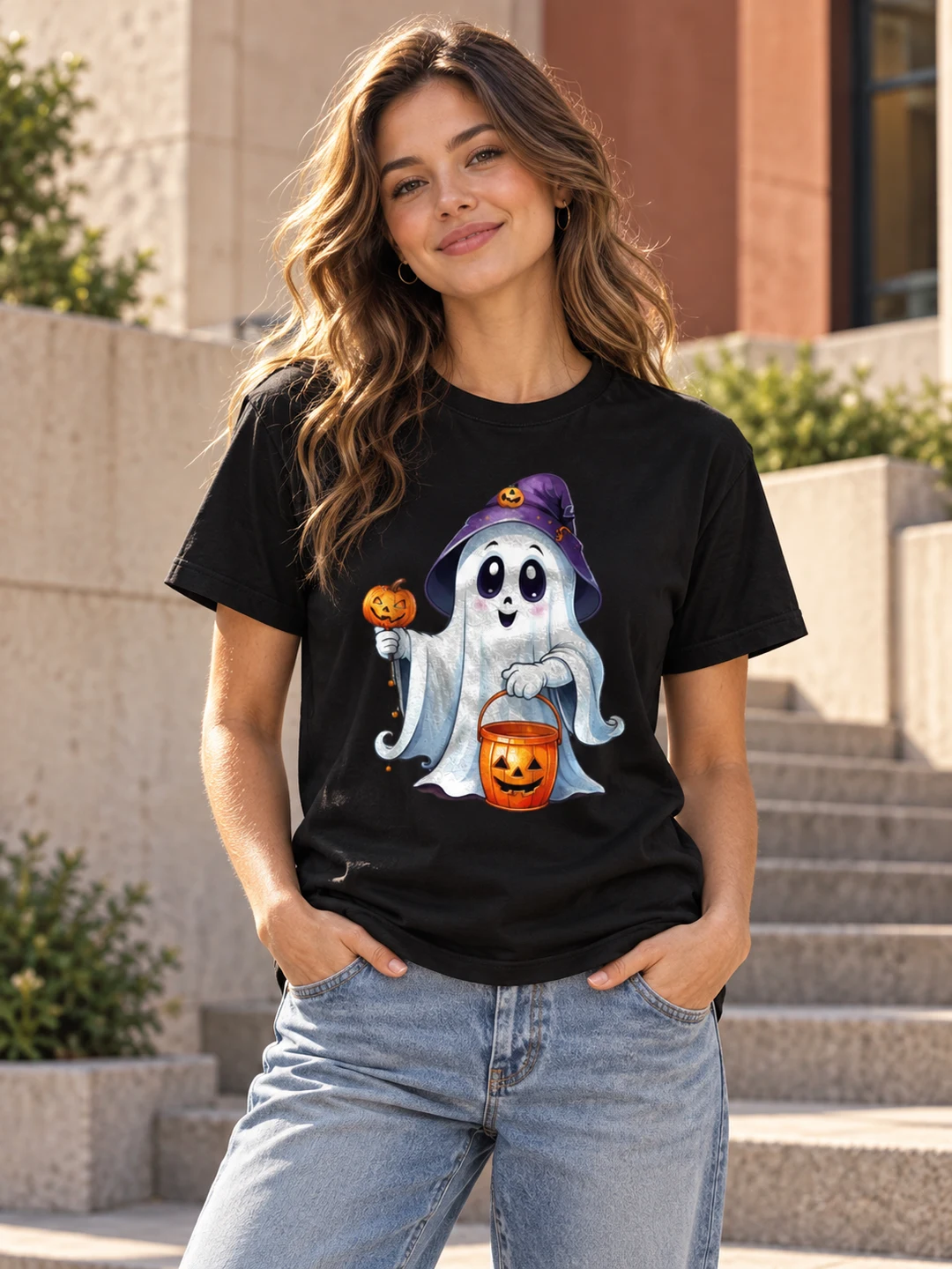 Cute Ghost Halloween Mens Womens T-Shirt Gift — styled on a model