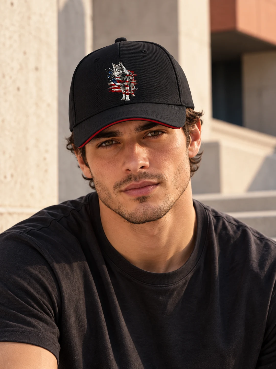 American Flag Wolf Mens Baseball Cap Patriotic Gift — styled on a model